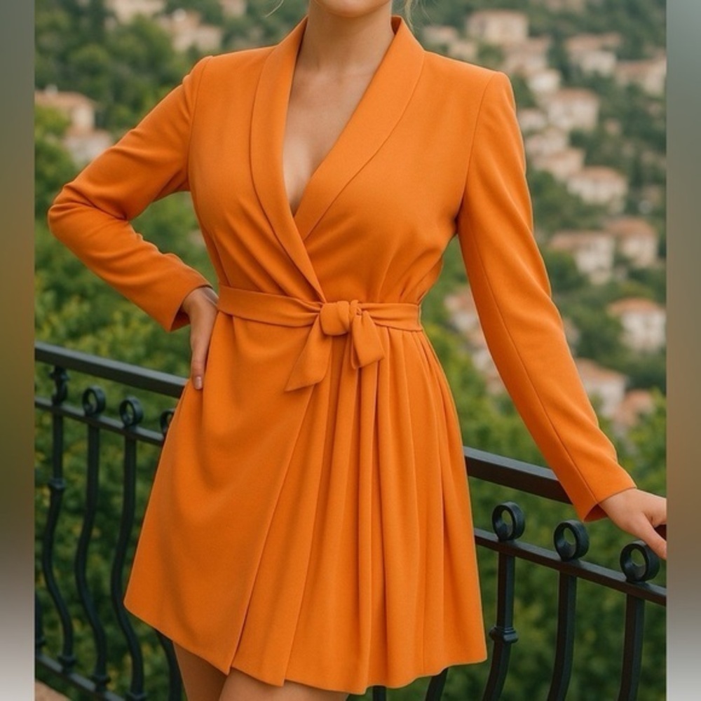 Orange Pleated Blazer Party Brunch Vacation Wedding Guest Dress